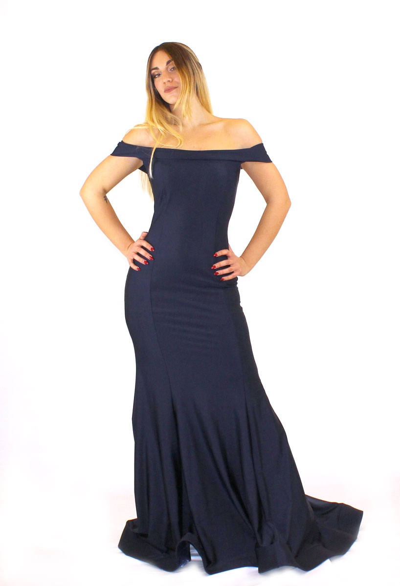 Abito lungo blu di raso - Elizabeth Moda - Collezione Cerimonia