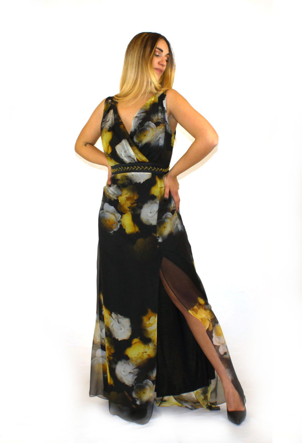 Abito lungo nero/giallo fantasia - Paola Forti - Collezione Cerimonia