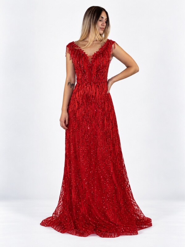 Abito lungo rosso glitter - Elizabeth Moda