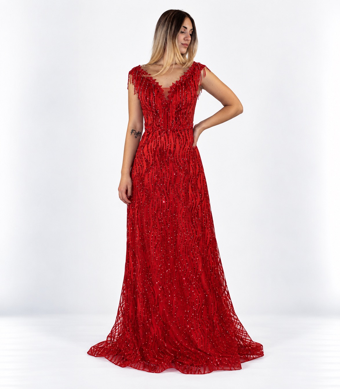 Abito lungo rosso glitter - Elizabeth Moda