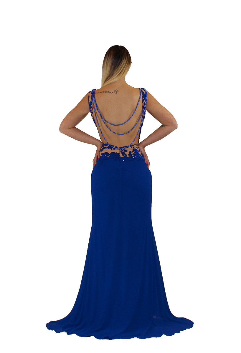 Abito lungo blu cobalto Invito Couture Collezione Cerimonia