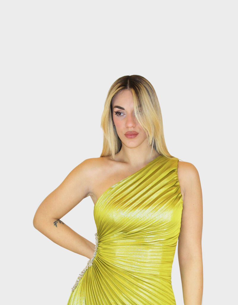 Abito lungo placcato verde acido- Elizabeth Moda - immagine 3