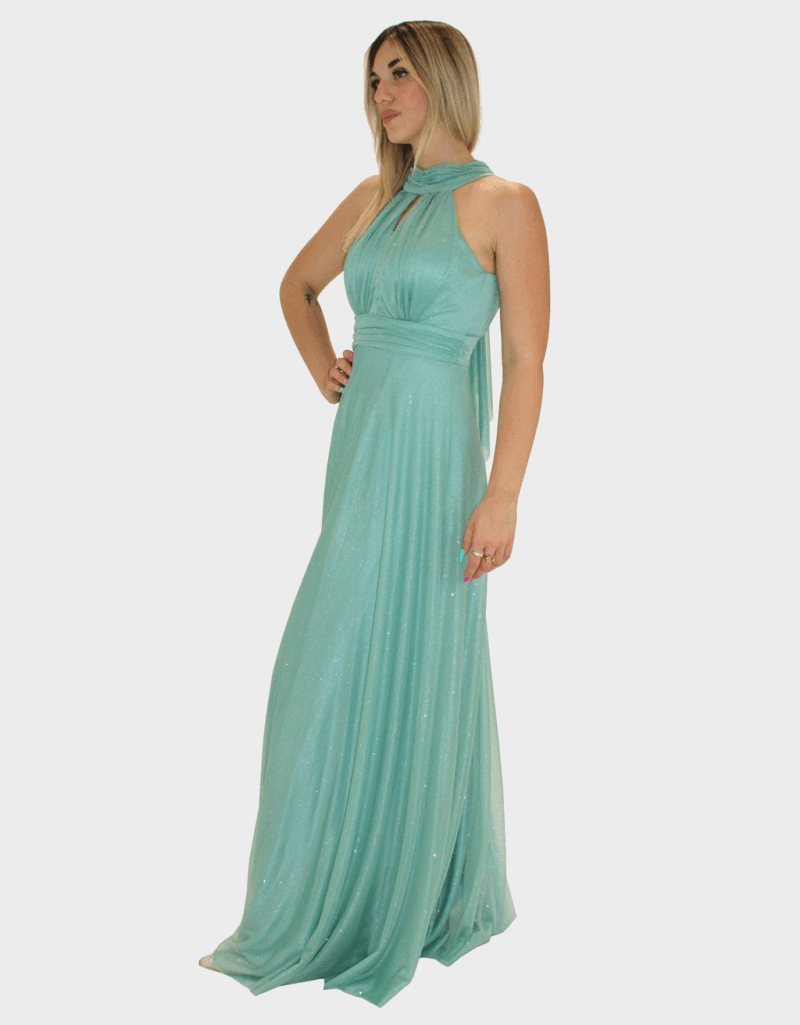 Abito lungo verde salvia glitter - Elizabeth Moda - immagine 2