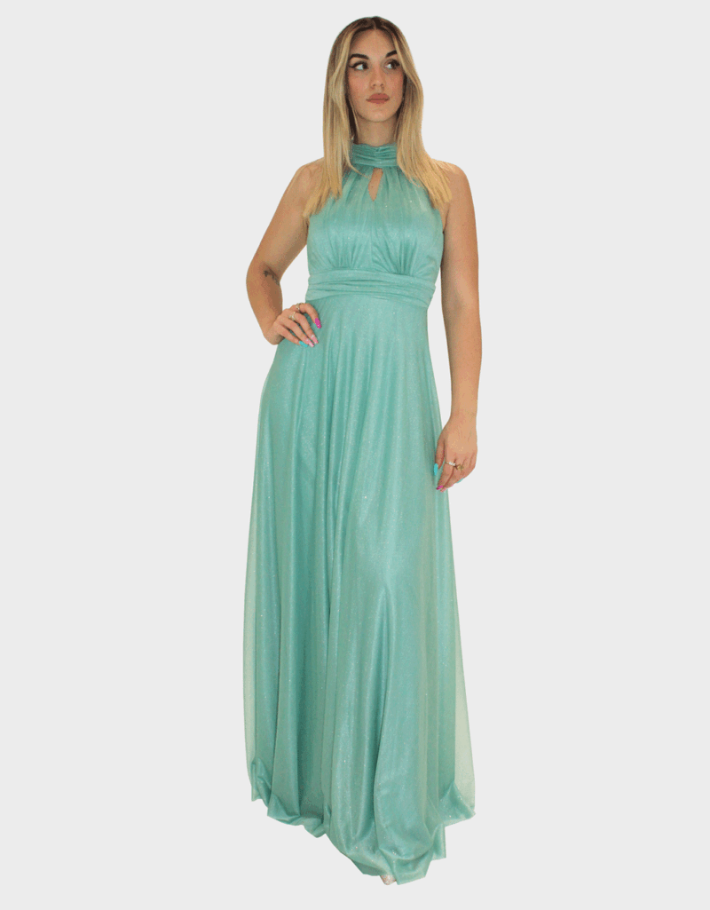 Abito lungo verde salvia glitter - Elizabeth Moda